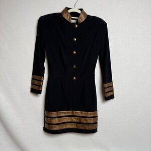 J. Harris Black & Gold Military-Style Mini Dress – Small, 92% Poly/8% Lycra- Vtg